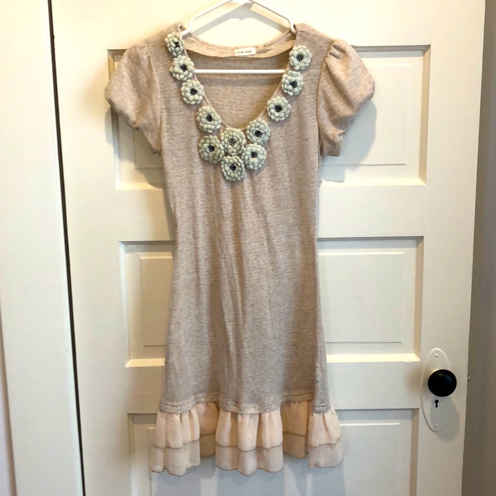 Francesca’s Bluebird knit dress ruffle flower S
